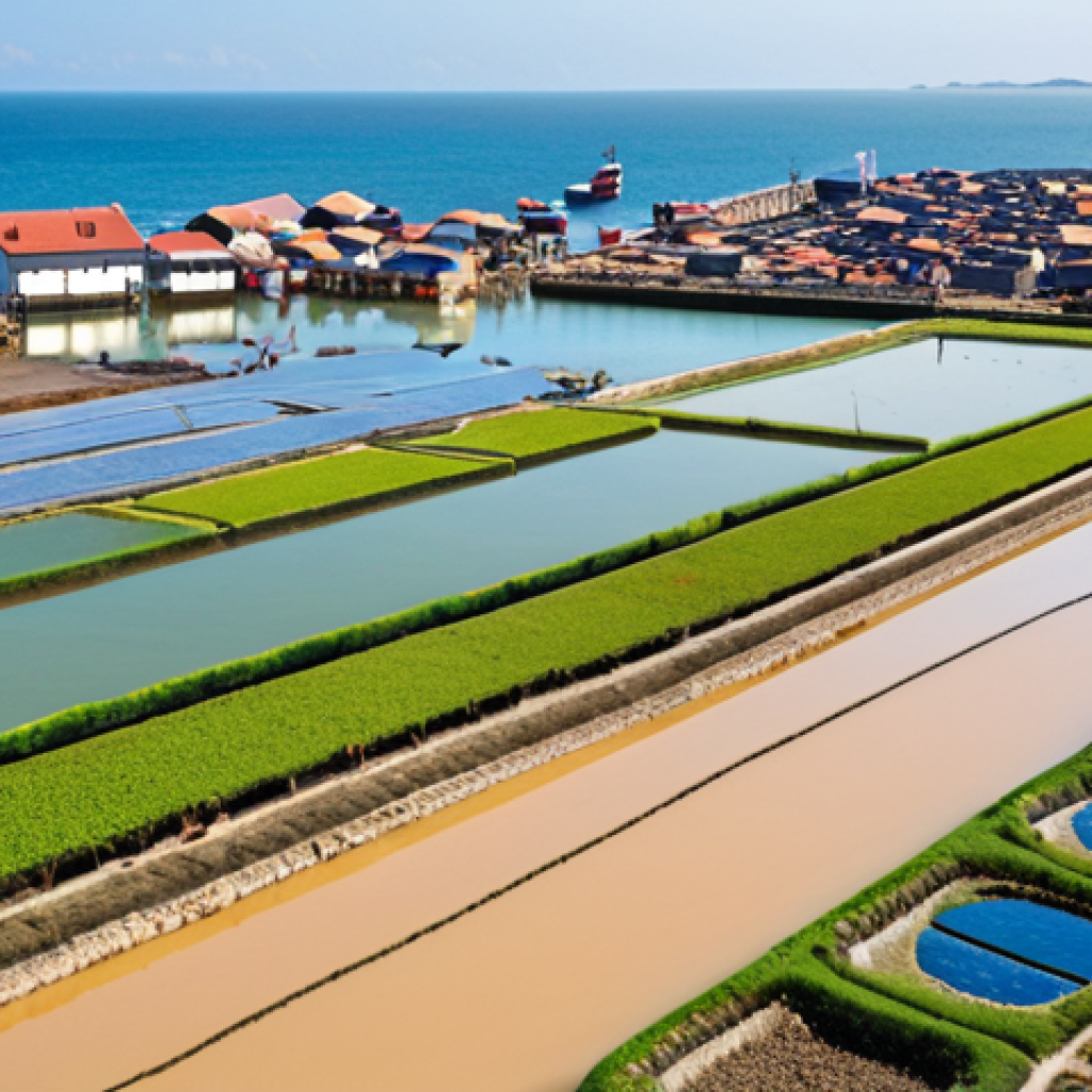 **

A vibrant, bustling coastal scene showcasing a blend of traditional and modern adaptations to rising sea levels. In the foreground, farmers cultivate salt-tolerant crops and practice aquaculture alongside modern, elevated homes designed to withstand floods. Further back, a busy port thrives with large ships, representing expanded trade opportunities due to wider waterways. The overall atmosphere should be optimistic and forward-looking, illustrating the conversion of challenges into economic opportunities.

**