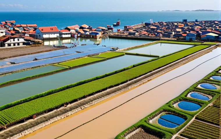 **
A vibrant, bustling coastal scene showcasing a blend of traditional and modern adaptations to rising sea levels. In the foreground, farmers cultivate salt-tolerant crops and practice aquaculture alongside modern, elevated homes designed to withstand floods. Further back, a busy port thrives with large ships, representing expanded trade opportunities due to wider waterways. The overall atmosphere should be optimistic and forward-looking, illustrating the conversion of challenges into economic opportunities.
**