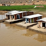 "A coastal village in Pakistan flooded by rising sea levels, showing houses partially submerged, and a well contaminated with saltwater. Illustrate the impact of saltwater intrusion on drinking water sources with parched land. Capture the worried expressions of the villagers amidst the scenery"