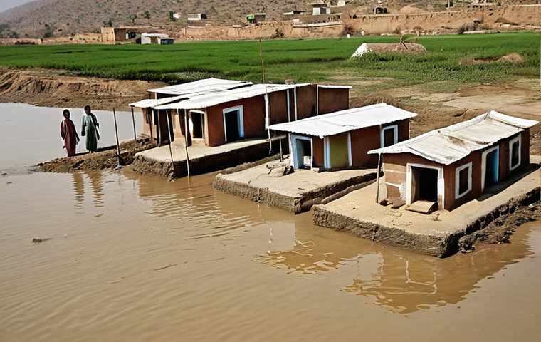 "A coastal village in Pakistan flooded by rising sea levels, showing houses partially submerged, and a well contaminated with saltwater. Illustrate the impact of saltwater intrusion on drinking water sources with parched land. Capture the worried expressions of the villagers amidst the scenery"