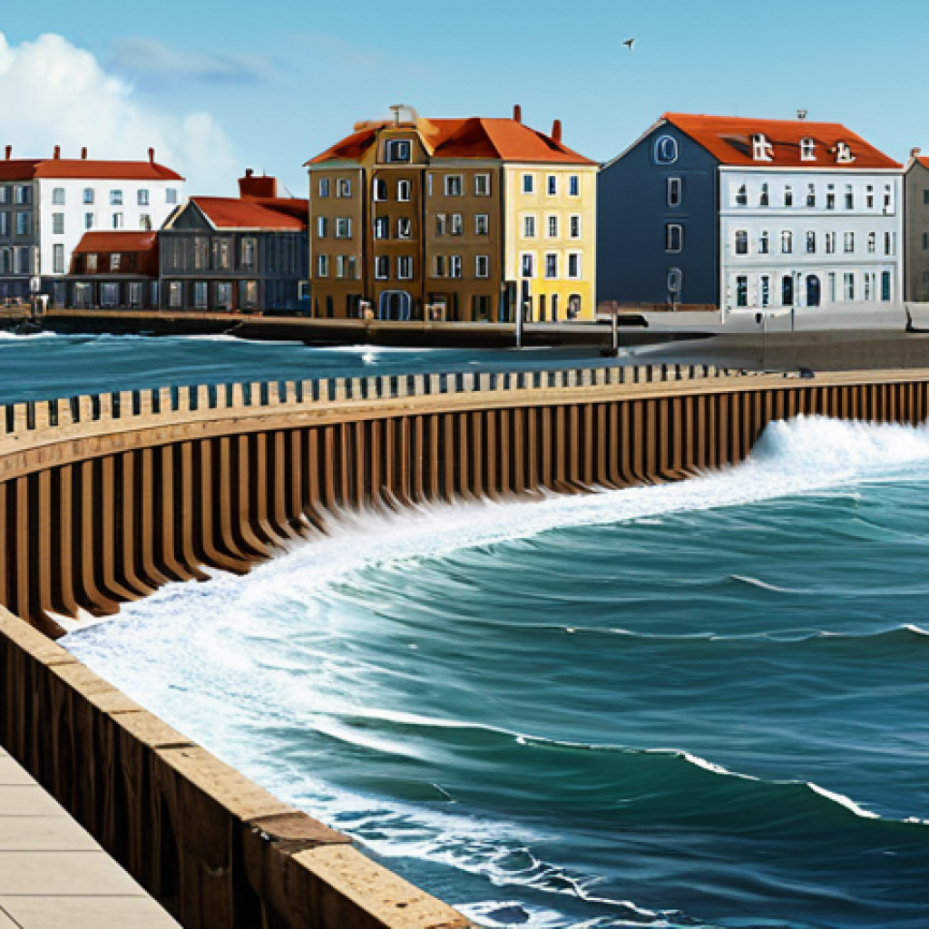 **
"A coastal city scene showing rising sea levels impacting buildings and infrastructure, fully clothed people observing the scene with concern, modest clothing, appropriate attire, protective seawalls in the foreground, safe for work, perfect anatomy, natural proportions, realistic digital painting, professional, family-friendly."
**