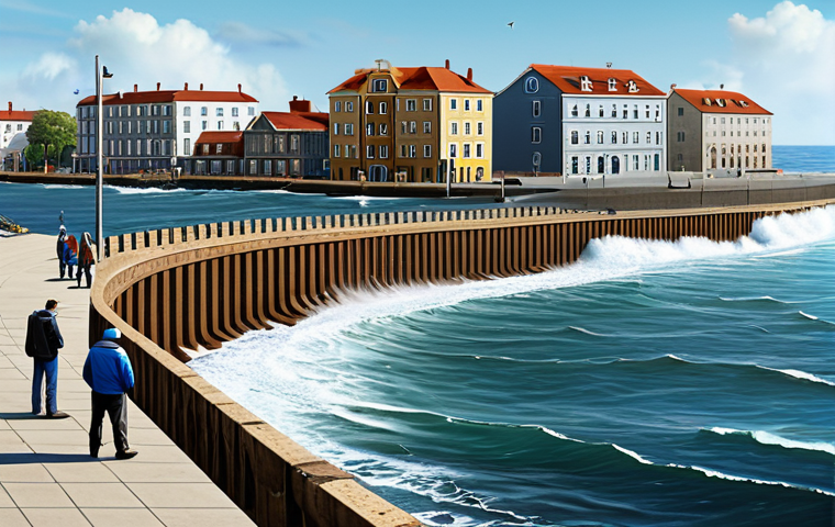**
"A coastal city scene showing rising sea levels impacting buildings and infrastructure, fully clothed people observing the scene with concern, modest clothing, appropriate attire, protective seawalls in the foreground, safe for work, perfect anatomy, natural proportions, realistic digital painting, professional, family-friendly."
**