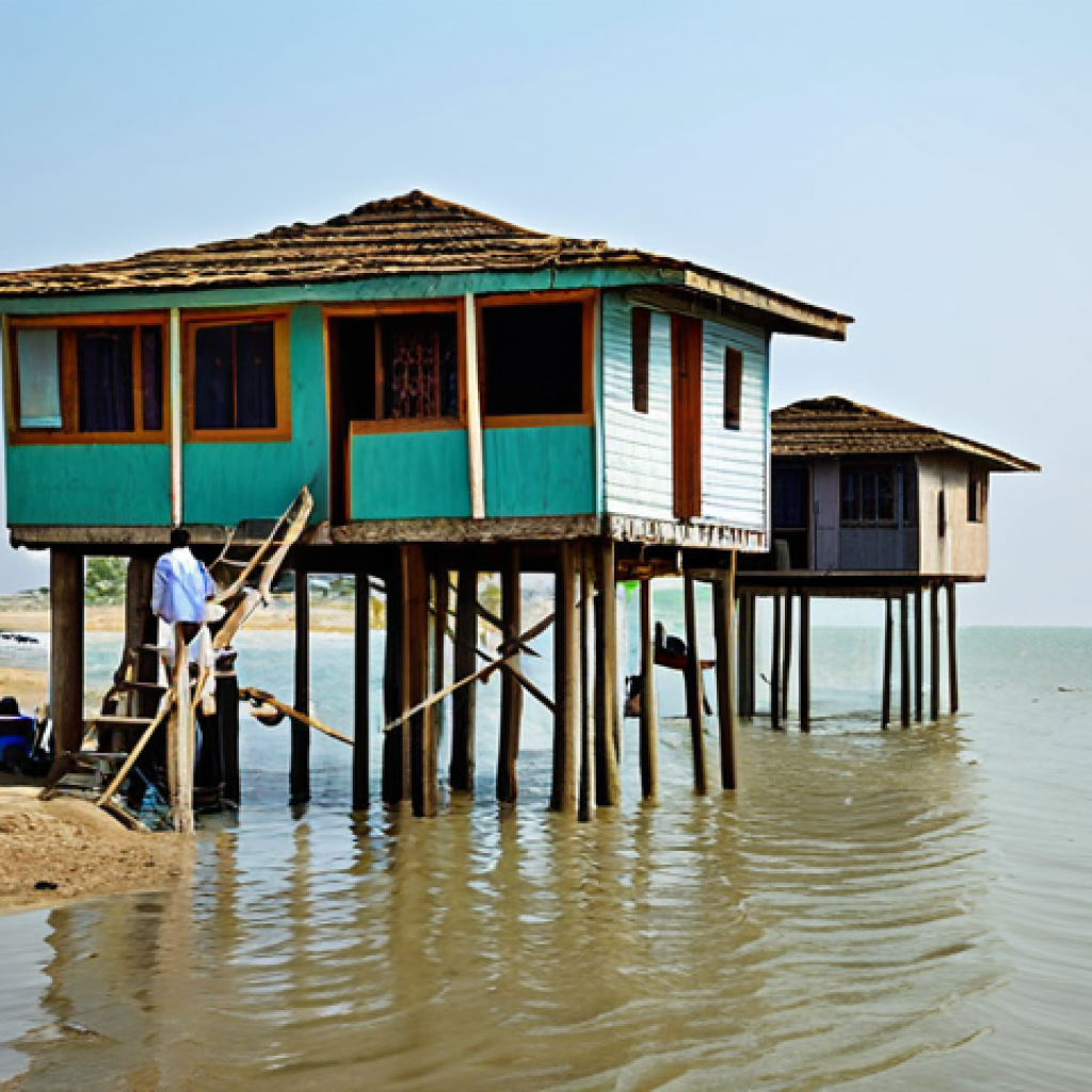 **
"A coastal village in Pakistan, with traditional houses built on stilts, fully clothed families observing the rising tide, appropriate attire, safe for work, showing resilience against the sea, perfect anatomy, natural proportions, daytime, realistic rendering, professional photography, high quality, family-friendly."
**