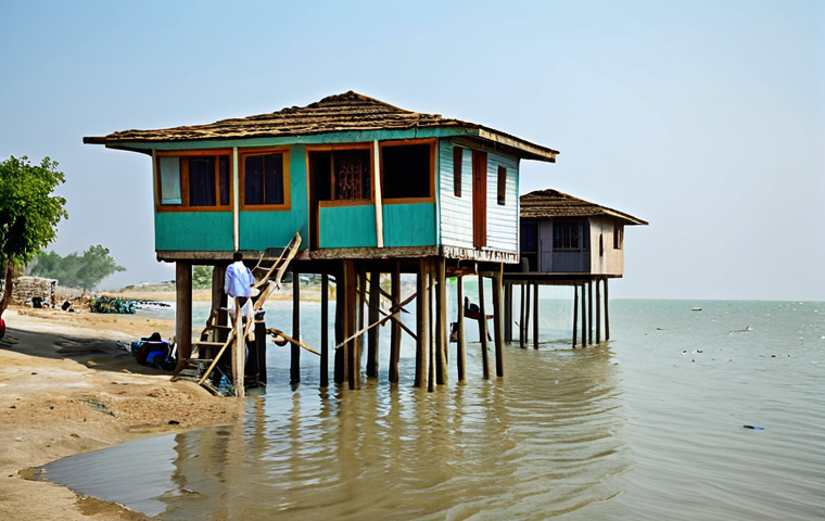 **
"A coastal village in Pakistan, with traditional houses built on stilts, fully clothed families observing the rising tide, appropriate attire, safe for work, showing resilience against the sea, perfect anatomy, natural proportions, daytime, realistic rendering, professional photography, high quality, family-friendly."
**