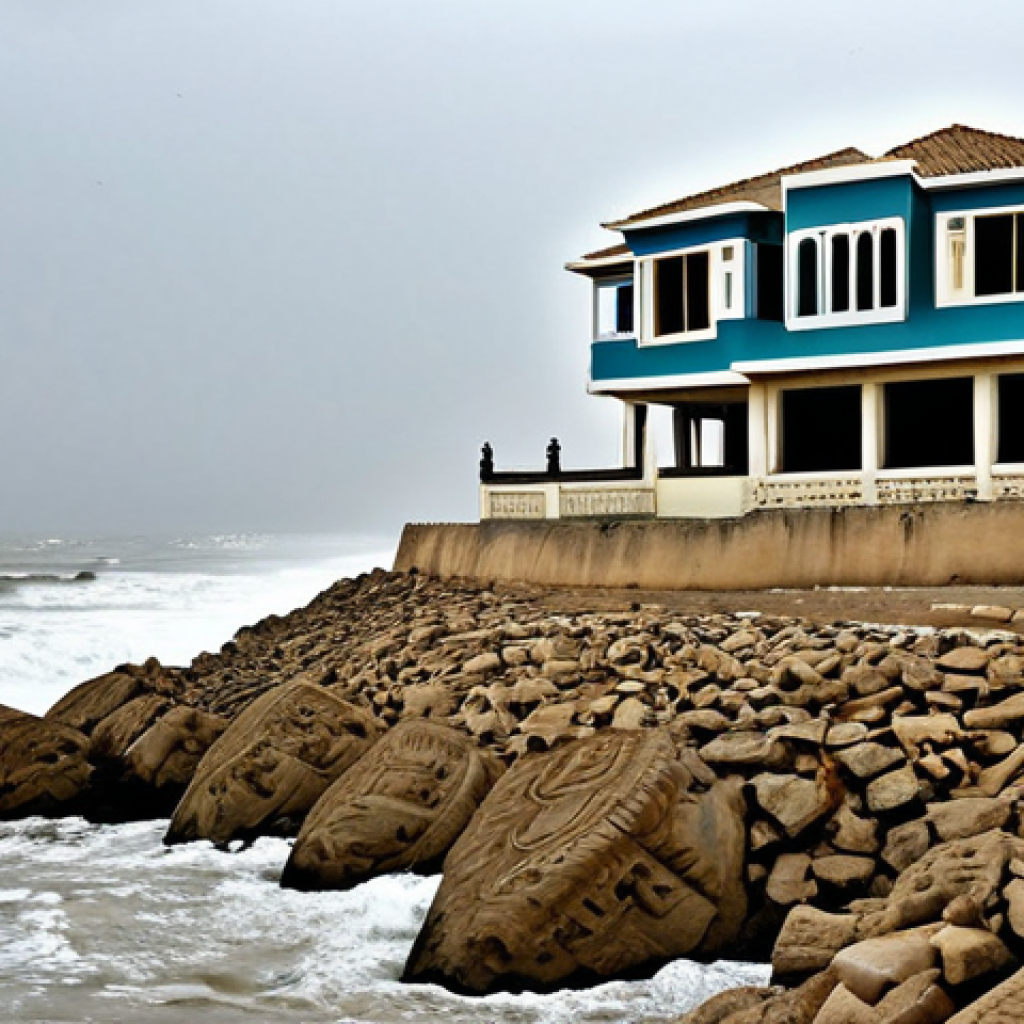 Declining Property Value & Coastal Erosion**
"A realistic depiction of a modest coastal home in Karachi, Pakistan, showing visible signs of erosion and encroaching sea water. The house is fully clothed with appropriate safety measures. A "For Sale" sign is visible in Urdu. Background shows other houses similarly affected. Overcast sky. Safe for work, appropriate content, professional, perfect anatomy, natural proportions, fully clothed."
**
