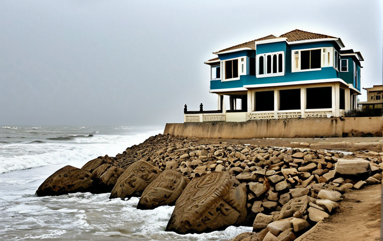 Declining Property Value & Coastal Erosion**
"A realistic depiction of a modest coastal home in Karachi, Pakistan, showing visible signs of erosion and encroaching sea water. The house is fully clothed with appropriate safety measures. A "For Sale" sign is visible in Urdu. Background shows other houses similarly affected. Overcast sky. Safe for work, appropriate content, professional, perfect anatomy, natural proportions, fully clothed."
**