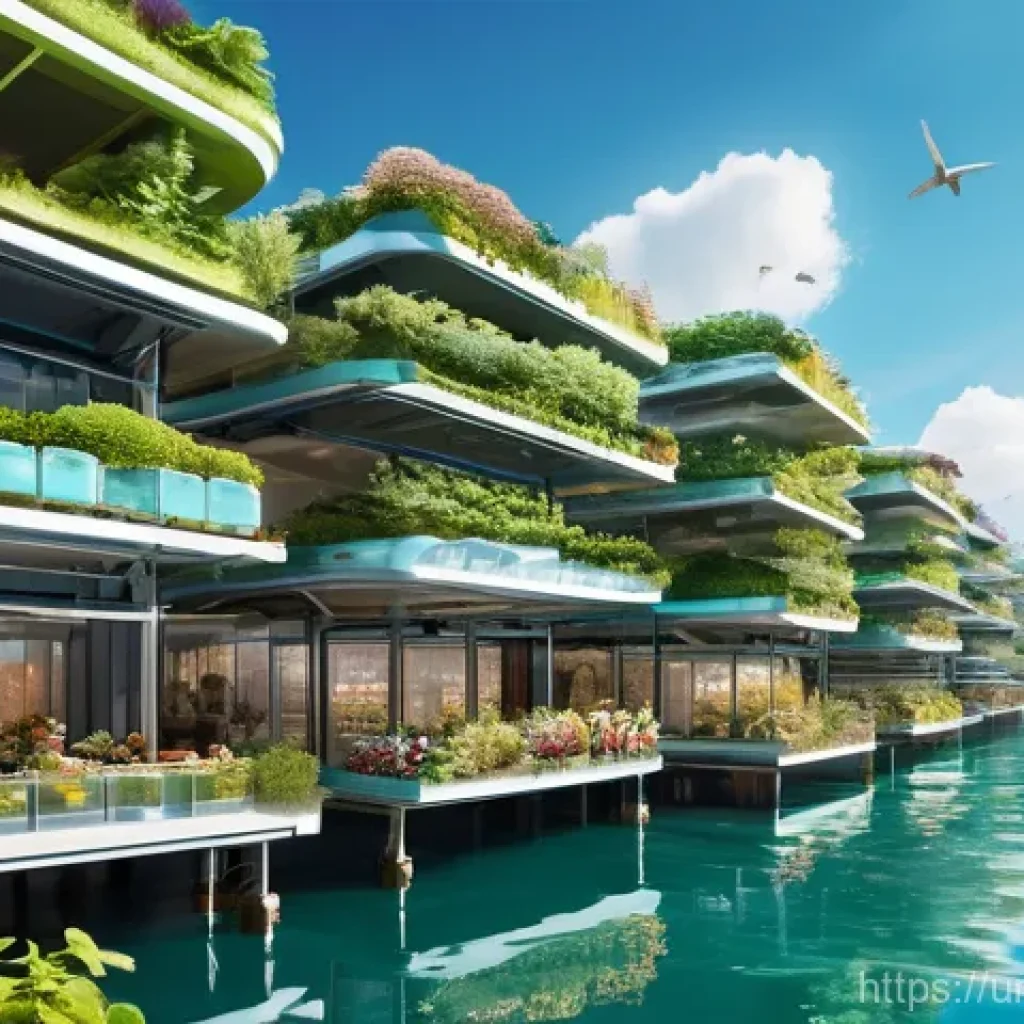 해수면 상승 대응을 위한 기술 혁신 사례 - **Prompt:** A sprawling, futuristic floating city thriving on calm, turquoise waters. The city featu...