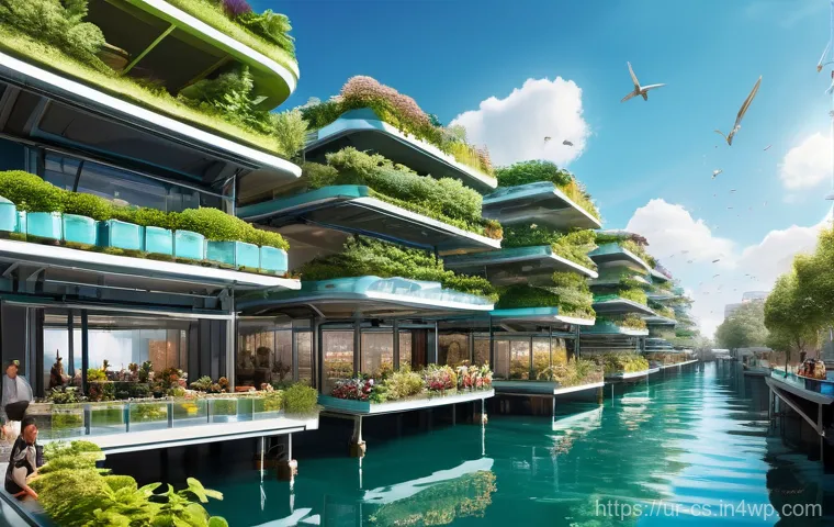 해수면 상승 대응을 위한 기술 혁신 사례 - **Prompt:** A sprawling, futuristic floating city thriving on calm, turquoise waters. The city featu...