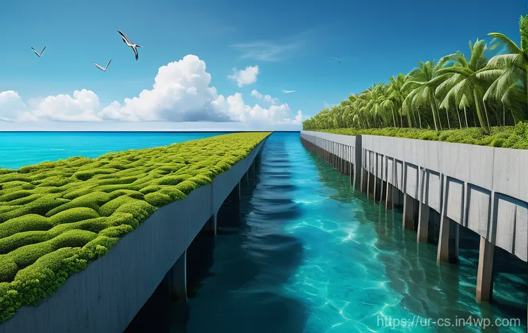 해수면 상승 대응을 위한 기술 혁신 사례 - **Prompt:** A sprawling, futuristic floating city thriving on calm, turquoise waters. The city featu...