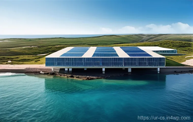 해수면 상승 대응을 위한 기술 혁신 사례 - **Prompt:** A dynamic scene depicting advanced coastal defense systems integrated with natural ecosy...