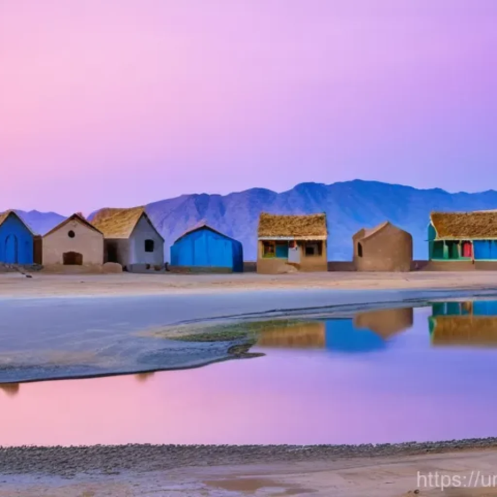 해수면 상승과 장애인 권리 문제 - **Prompt:** A breathtaking wide shot of a tranquil coastal village in Balochistan, Pakistan, at sunr...