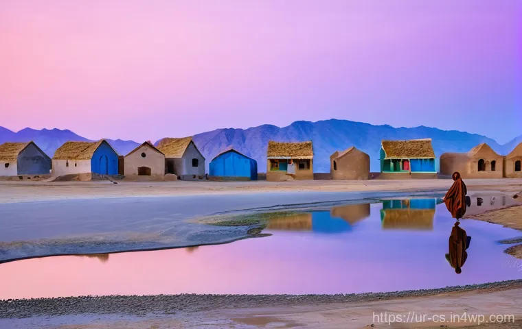 해수면 상승과 장애인 권리 문제 - **Prompt:** A breathtaking wide shot of a tranquil coastal village in Balochistan, Pakistan, at sunr...