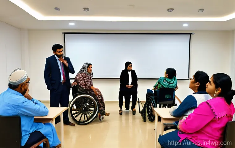 해수면 상승과 장애인 권리 문제 - **Prompt:** A poignant yet hopeful scene inside a bustling community relief center in Karachi, Pakis...
