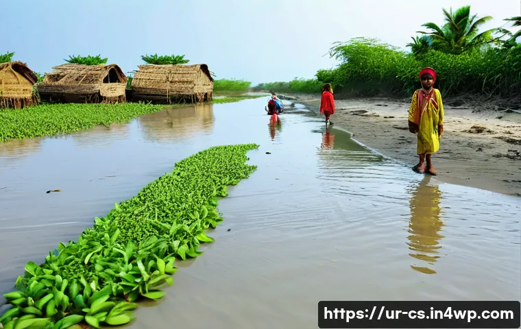 해수면 상승과 물 관리의 새로운 접근 - **Prompt:** A Pakistani coastal village, demonstrating resilience against rising sea levels. The sce...