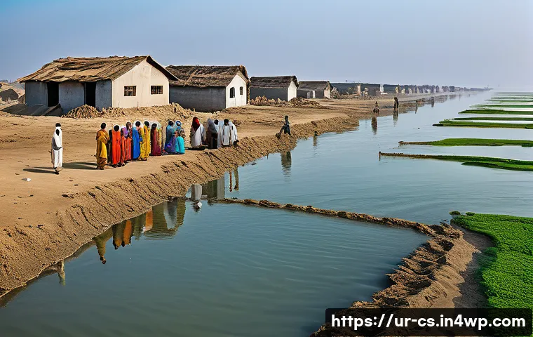 해수면 상승 대응을 위한 통합 관리 전략 - A detailed coastal village scene in Pakistan showing the social and economic impacts of rising sea l...