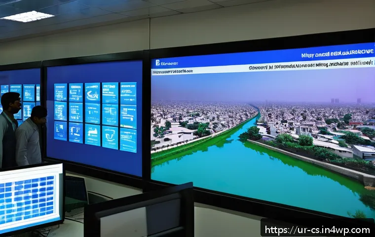 해수면 상승에 따른 세계 주요 도시의 대응 전략 - A detailed urban flood monitoring control room in a modern city in Pakistan, featuring large digital...