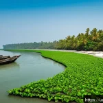 Home 18 해수면 상승과 도시 인프라 개선 방안 - A vibrant coastal scene in Bangladesh featuring dense mangrove forests along the shoreline, with lus...