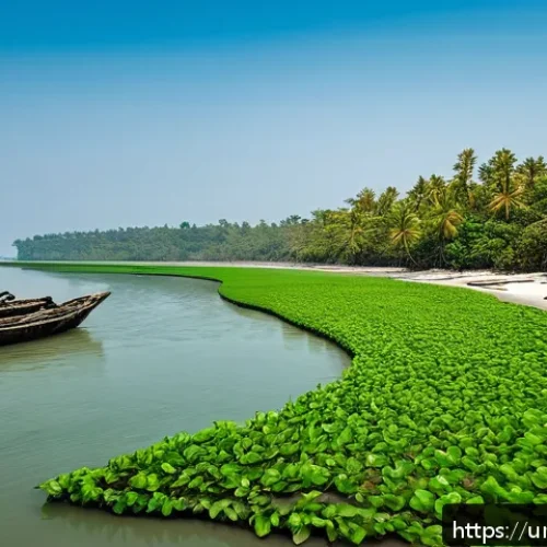 Home 30 해수면 상승과 도시 인프라 개선 방안 - A vibrant coastal scene in Bangladesh featuring dense mangrove forests along the shoreline, with lus...