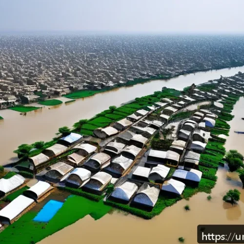Home 29 해수면 상승 대응을 위한 정보 공유 플랫폼 - A detailed coastal cityscape in Pakistan showing the impacts of rising sea levels: flooded streets i...
