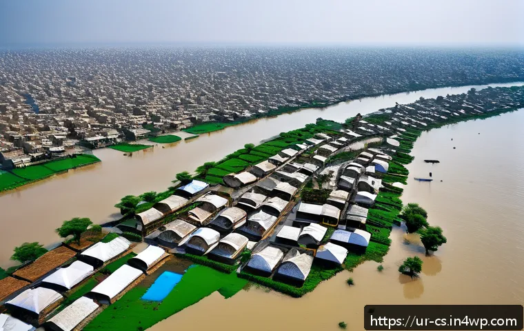 해수면 상승 대응을 위한 정보 공유 플랫폼 - A detailed coastal cityscape in Pakistan showing the impacts of rising sea levels: flooded streets i...