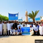 Home 22 해수면 상승 대응을 위한 시민 참여 활성화 - A vibrant community awareness campaign scene in a coastal Pakistani town, showing diverse men, women...