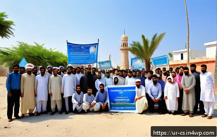 해수면 상승 대응을 위한 시민 참여 활성화 - A vibrant community awareness campaign scene in a coastal Pakistani town, showing diverse men, women...