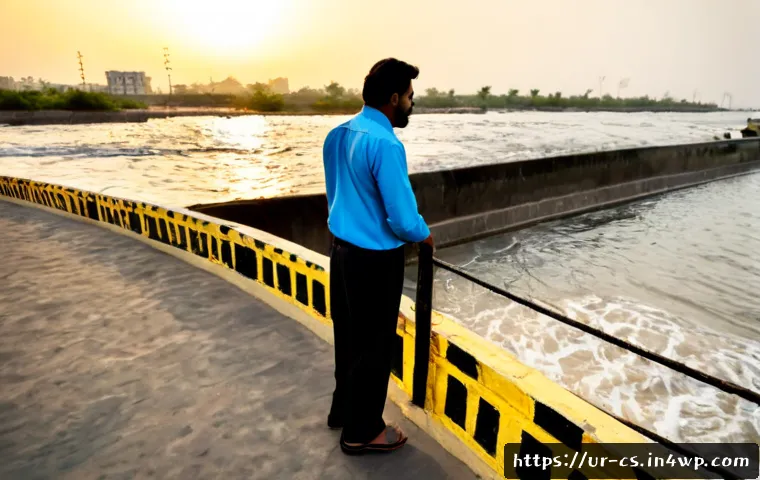 Home 17 해수면 상승과 기후 변화 정책의 일관성 - Photorealistic coastal Karachi scene at early morning, a middle-aged Pakistani urban planner in mode...